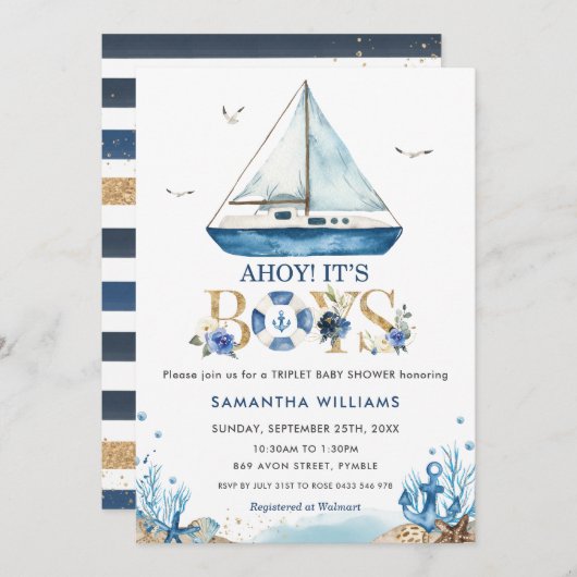 ボートアホ航海のイ男の子の三つ組ベビーシャワー 招待状 (正面/裏面)