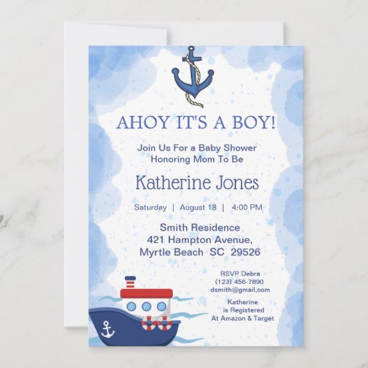ボートアホ航海のイ男の子の赤ちゃんシャワーだ 招待状 (正面)