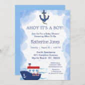 ボートアホ航海のイ男の子の赤ちゃんシャワーだ 招待状 (正面/裏面)