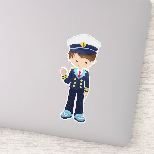 ボートキャプテン、カツオ、かわいい男の子、茶色の髪 シール (詳細)
