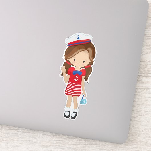 ボートキャプテン、スキッパー、茶色の髪、かわいい女の子 シール (詳細)