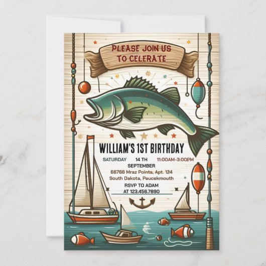 ボートクールかわいい男の子フィッシュ通常1日の誕生日 招待状 (正面)