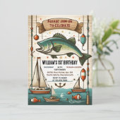 ボートクールかわいい男の子フィッシュ通常1日の誕生日 招待状 (スタンド正面)