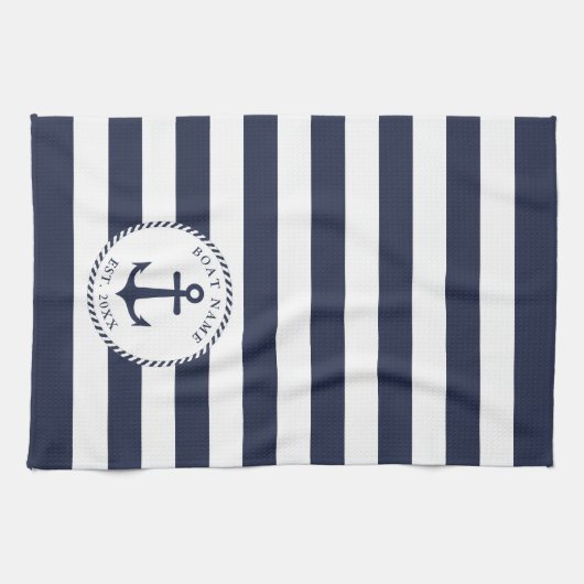ボートネームいかりネイビーブルーホワイトストライプ航海のズ キッチンタオル (横)