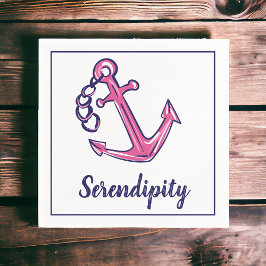 ボートネームネイビーピンクいかり スタンダードカクテルナプキン