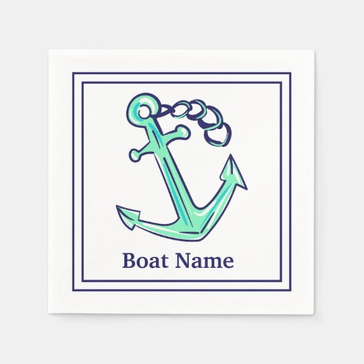 ボートネームパーソナライズされたネイビーグリーンいかり航海の スタンダードカクテルナプキン (正面)