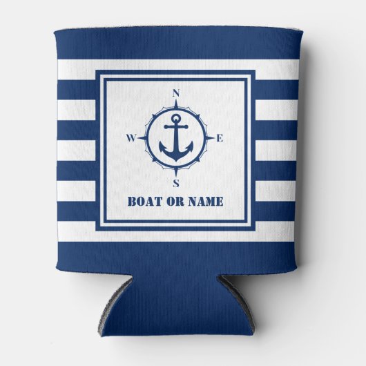 ボートネーム航海のいかりコンパスネイビーストライプズ 缶クーラー (正面)