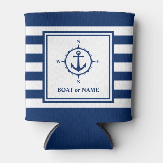 ボートネーム航海のいかりコンパスネイビーブルーストライプ 缶クーラー (正面)