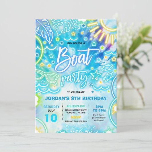 ボートバースデーパーティーパーティーアットザレイク絞り染めグロー 招待状 (スタンド正面)