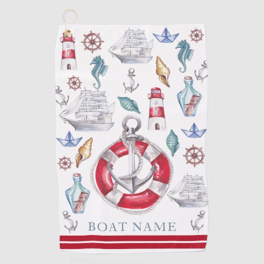 ボートパーソナライズされたの水色航海の ゴルフタオル (正面)