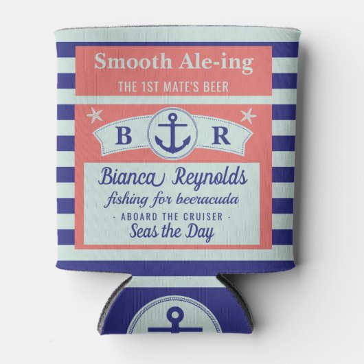 ボートファースト航海のメイトストライプのセーラーコーラルビール 缶クーラー (正面)