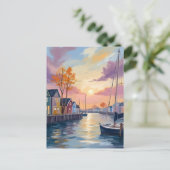 ボートマリーナ | 海岸の湾の水彩画 ポストカード (スタンド正面)