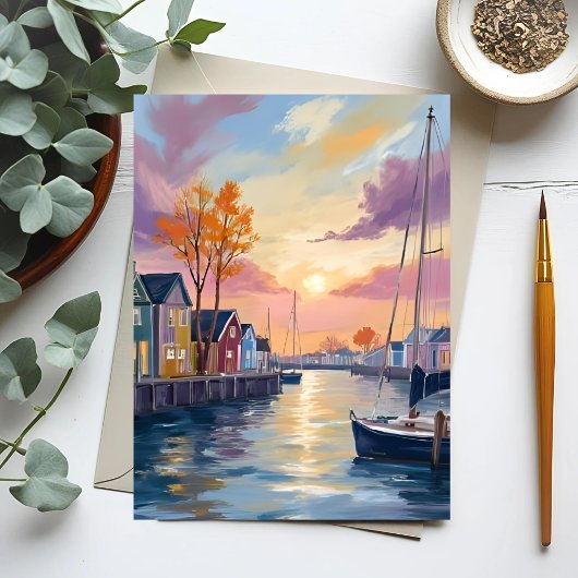 ボートマリーナ | 海岸の湾の水彩画 ポストカード