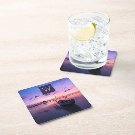 ボートモノグラムの付きサンセットウォーター スクエアペーパーコースター (インサイチュ)