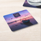 ボートモノグラムの付きサンセットウォーター スクエアペーパーコースター (アングル)