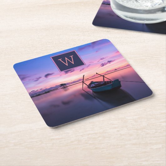 ボートモノグラムの付きサンセットウォーター スクエアペーパーコースター (アングル)