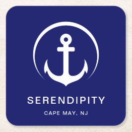 ボートモノグラムモダンネイビーブルー スクエアペーパーコースター