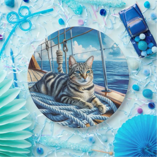 ボートロープの上のタビーネコ ペーパープレート (パーティー)