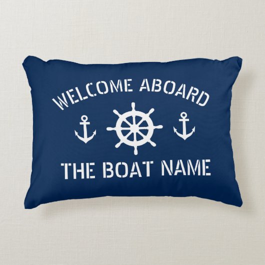 ボート名いかりネイビーブルーへようこそ アクセントクッション (正面)