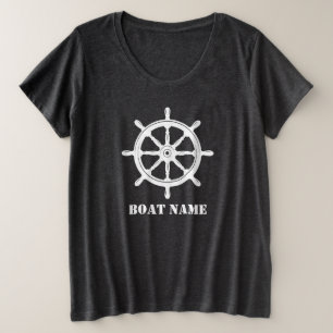 ボート名または名前の船の舵輪ダークグレー プラスサイズTシャツ