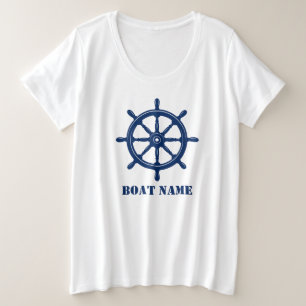 ボート名または名前Ship Helm Wheel Navy White プラスサイズTシャツ