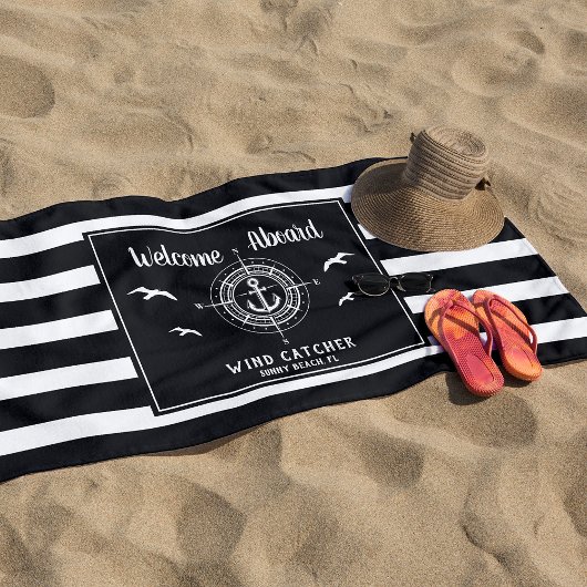 ボート名カスタムWelcome Aboard Aboard Abard Compass ビーチタオル
