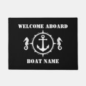 ボート名シーホースいかりウェルカムアボードブラック ドアマット (正面)