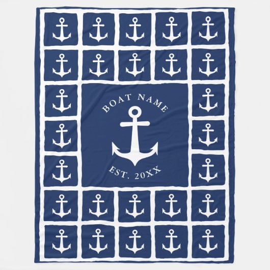 ボート名ネイビーブルーホワイトいかり 航海の フリースブランケット (正面)