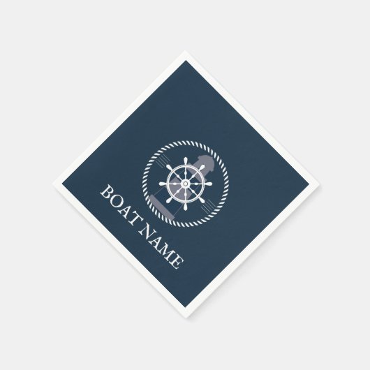 ボート名ネイビーブルー航海のパーソナライズされた スタンダードカクテルナプキン (角)