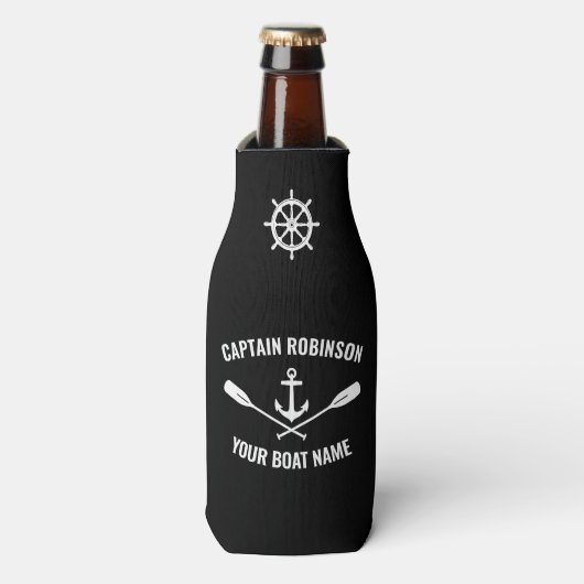 ボート名航海のいかりオール&船舶車輪ブラック ボトルクーラー (ボトル正面)