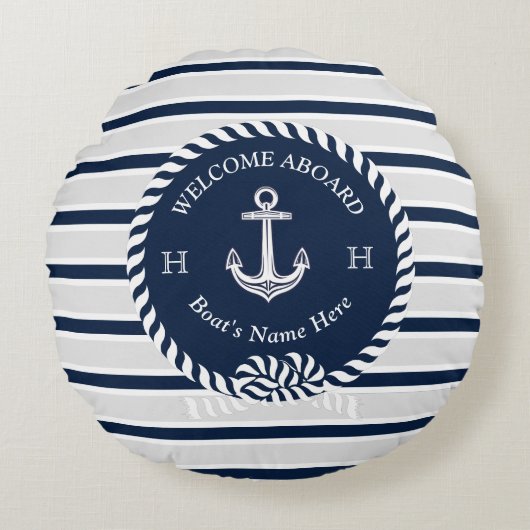ボート名航海のいかりロープネイビーブルーウェルカム ラウンドクッション (正面)