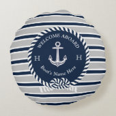 ボート名航海のいかりロープネイビーブルーウェルカム ラウンドクッション (裏面)
