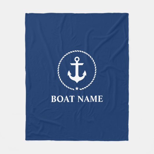 ボート名航海のいかりロープネイビーブルーミディアム フリースブランケット (正面)