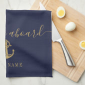 ボート名航海のネイビーブルー金ゴールドウェルカムクアボード キッチンタオル (四つ折り)