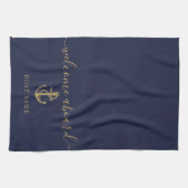 ボート名航海のネイビーブルー金ゴールドウェルカムクアボード キッチンタオル (横)