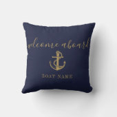 ボート名航海のネイビーブルー金ゴールドウェルカムクアボード クッション (裏面)