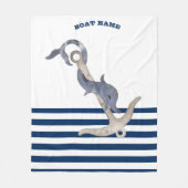ボート名，いかりドルフィンネイビーブルーホワイトストライプズ フリースブランケット (正面)
