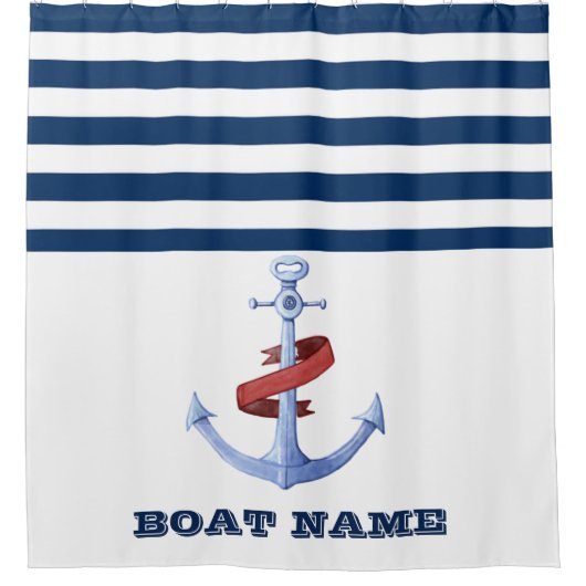 ボート名，いかりネイビーブルーホワイトストライプの シャワーカーテン (正面)