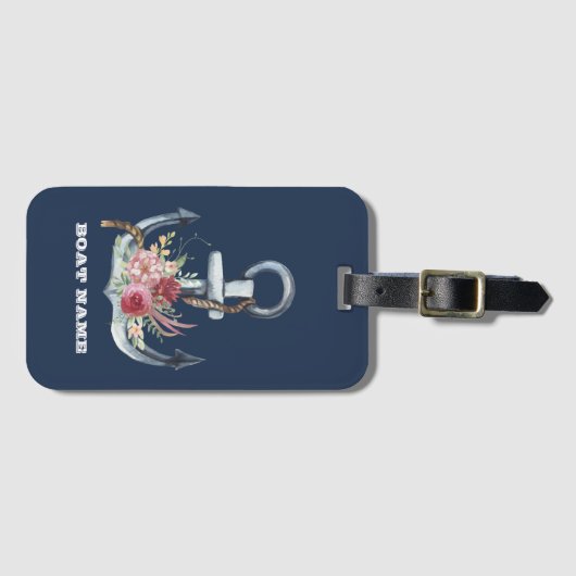 ボート名，いかりフラワーネイビーブルーストライプの ラゲッジタグ (正面横)