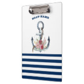 ボート名，いかりフラワーネイビーブルーストライプズ クリップボード (左)