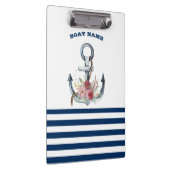 ボート名，いかりフラワーネイビーブルーストライプズ クリップボード (右)