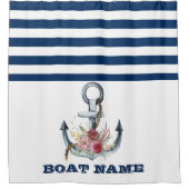 ボート名，いかりフラワーネイビーブルーストライプズ シャワーカーテン (正面)