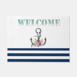 ボート名,いかりフラワーネイビーブルーストライプズ ドアマット