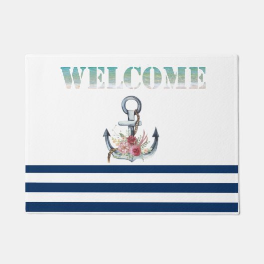 ボート名，いかりフラワーネイビーブルーストライプズ ドアマット (正面)