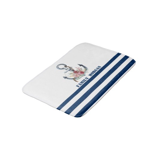 ボート名,いかりフラワーネイビーブルーストライプズ バスマット (アングル)
