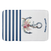 ボート名,いかりフラワーネイビーブルーストライプズ バスマット (正面)
