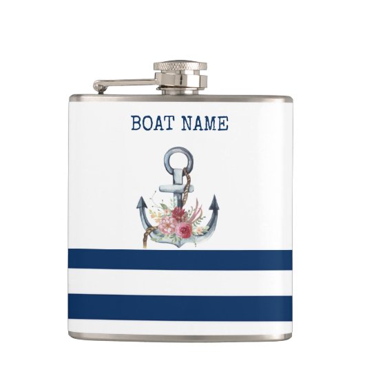 ボート名，いかりフラワーネイビーブルーストライプズ フラスク (正面)