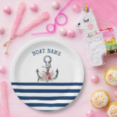 ボート名，いかりフラワーネイビーブルーストライプズ ペーパープレート (パーティー)