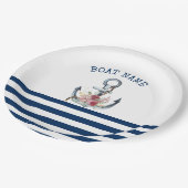 ボート名，いかりフラワーネイビーブルーストライプズ ペーパープレート (アングル)