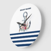 ボート名，いかりフラワーネイビーブルーストライプズ ラージ壁時計 (傾斜)